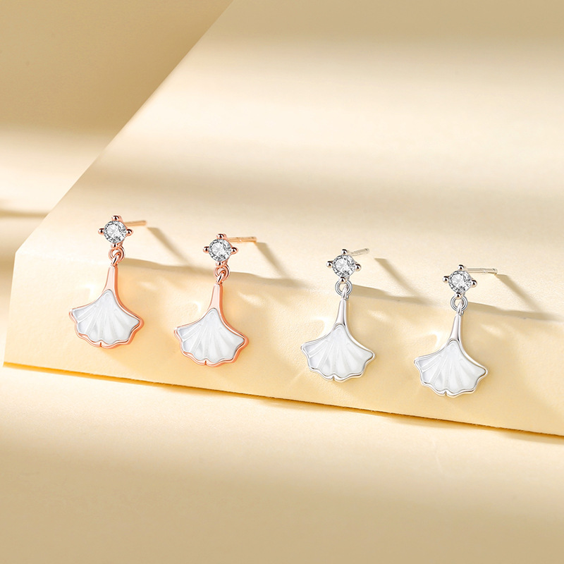 925 sterling silver, three-life-themed earrings, Korean-style design, popular among influencers, small dress-style earrings, rose gold and mother-of-pearl earrings