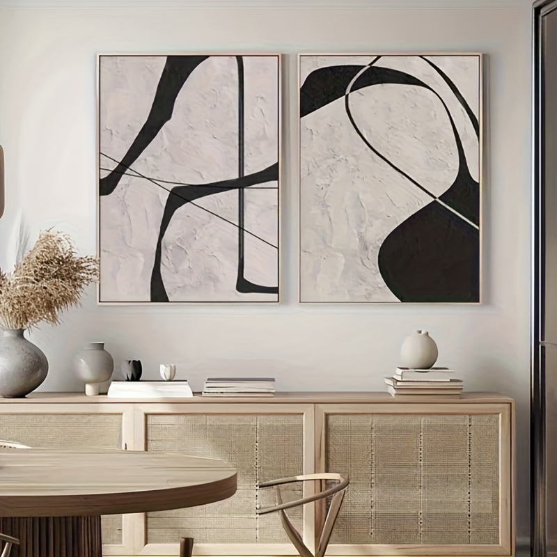 2 Minimalist Abstract Black And White Canvas Art Sets - Hand Drawn Oil Painting with Irregular Lines, Modern Graffiti Design, Suitable for Living Room, Office or Corridor Decoration, Frameless, Office Wall Art, Abstract Design|Hand Drawn Art
