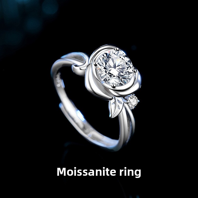 Rose Moissanite Ring 925 Sterling Silver Fashion Commute Mori Style Moissanite Diamond Ring Open Ring for Women