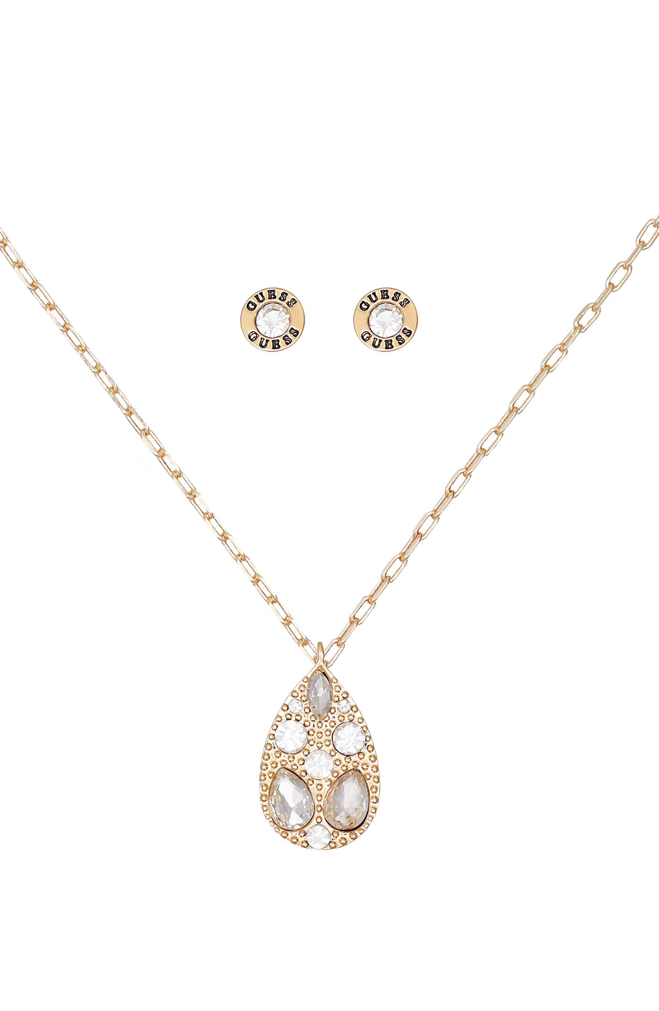 GUESS Teardrop Pendant Necklace & Stud Earrings Set