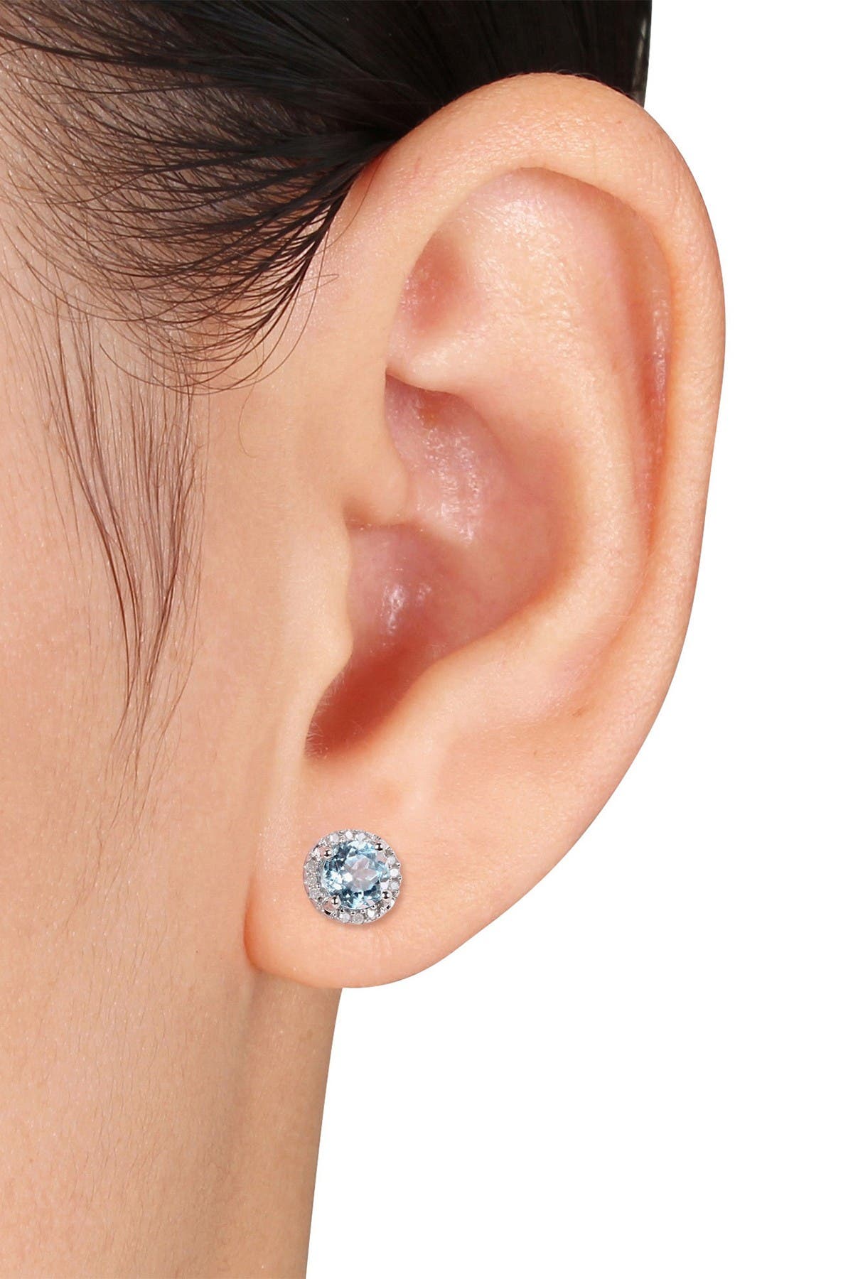 DELMAR Sterling Silver Aquamarine & Diamond Halo Stud Earrings - 0.07ct.