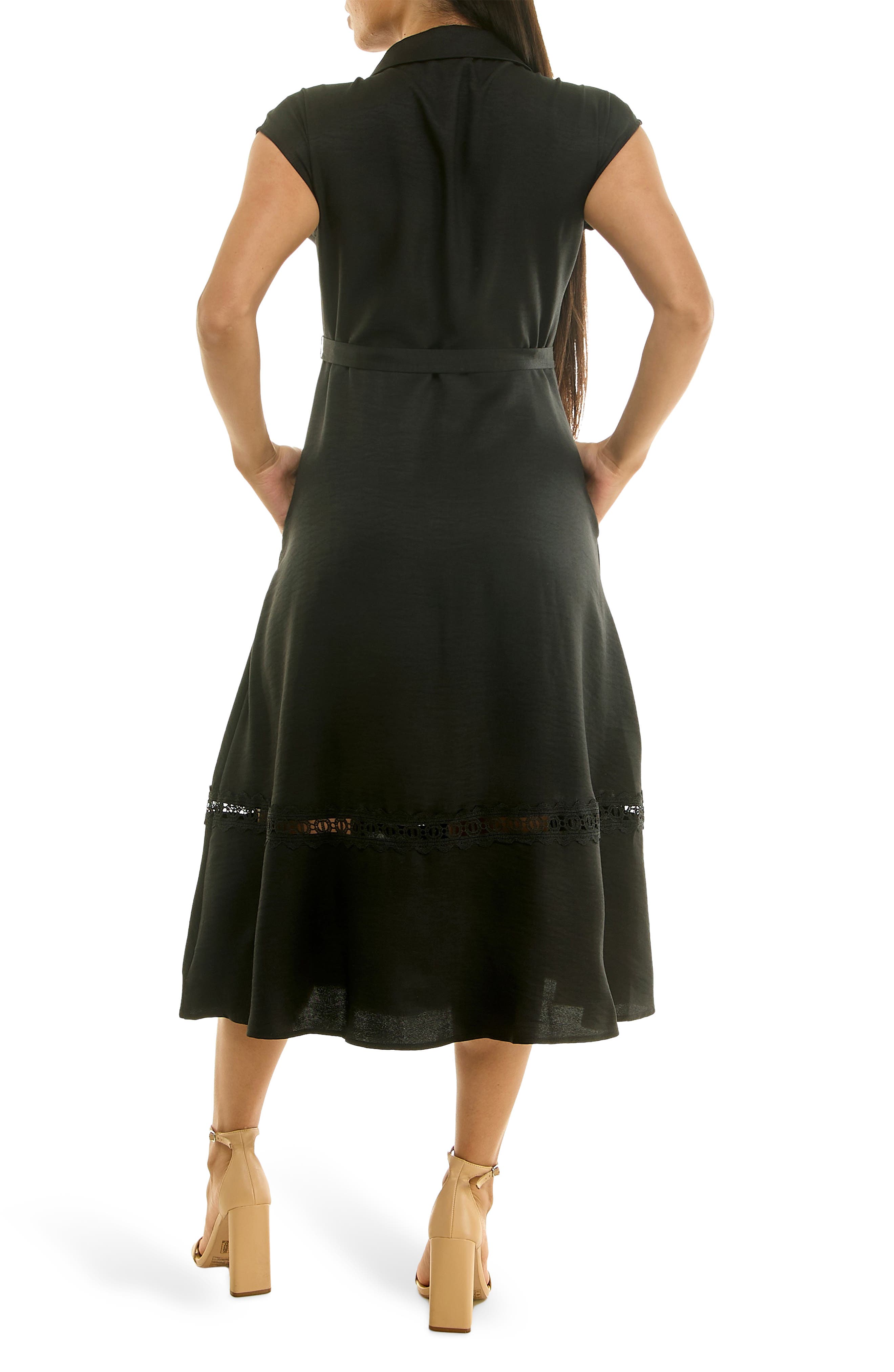 Nina Leonard Cap Sleeve Lace Trim Midi Shirtdress