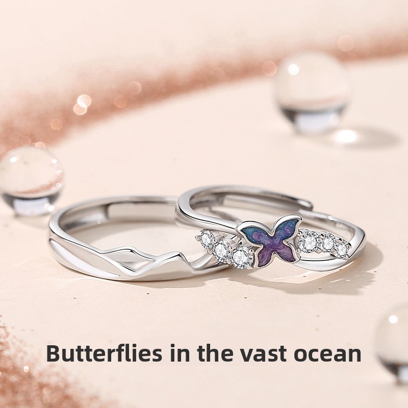 Original design: a pair of sterling silver butterfly couple rings, featuring a minimalist and unique style with delicate cubic zirconia and enamel accents