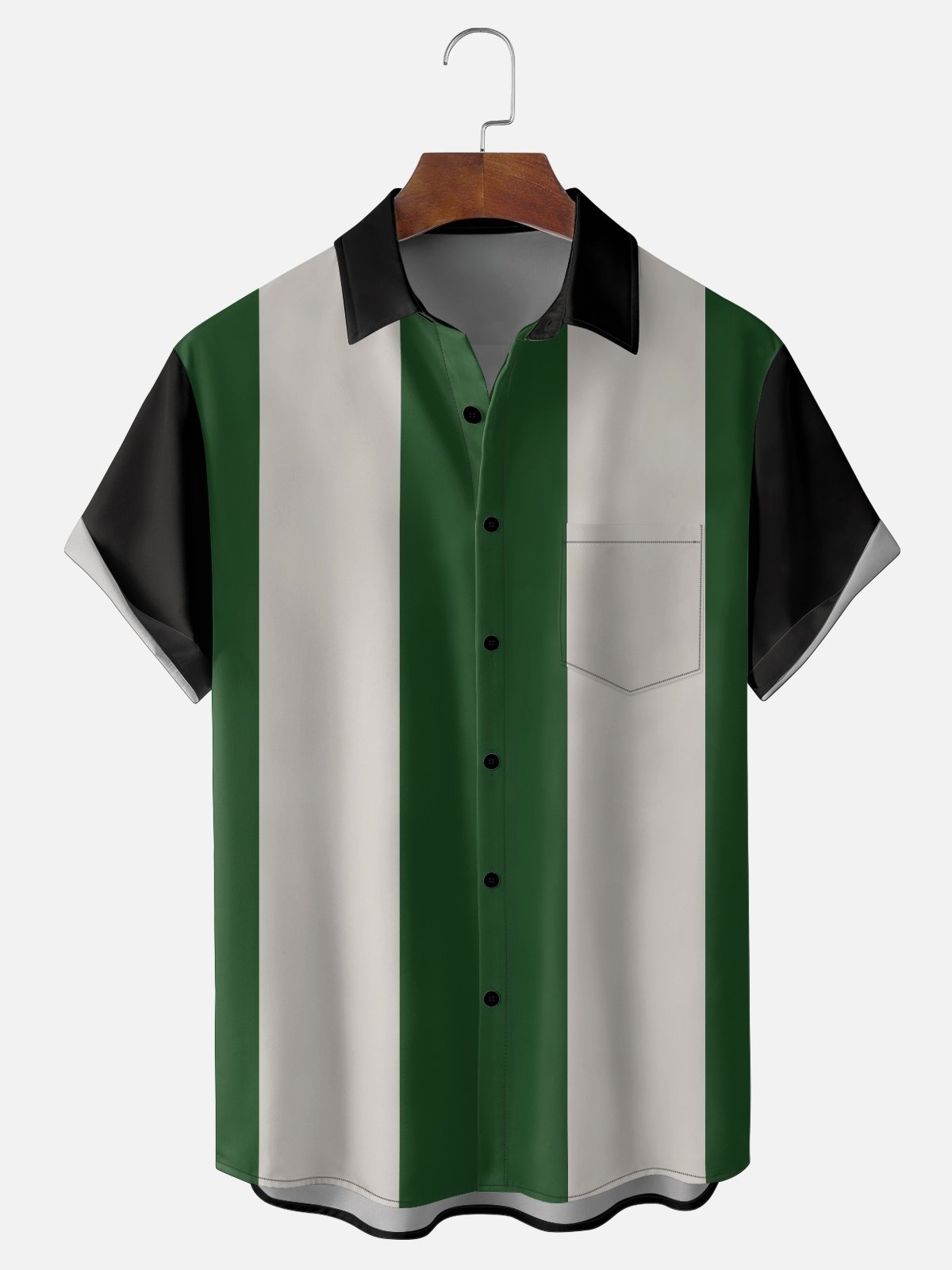 Tall Size Moisture-wicking Color-block Striped Chest Pocket Bowling Shirt