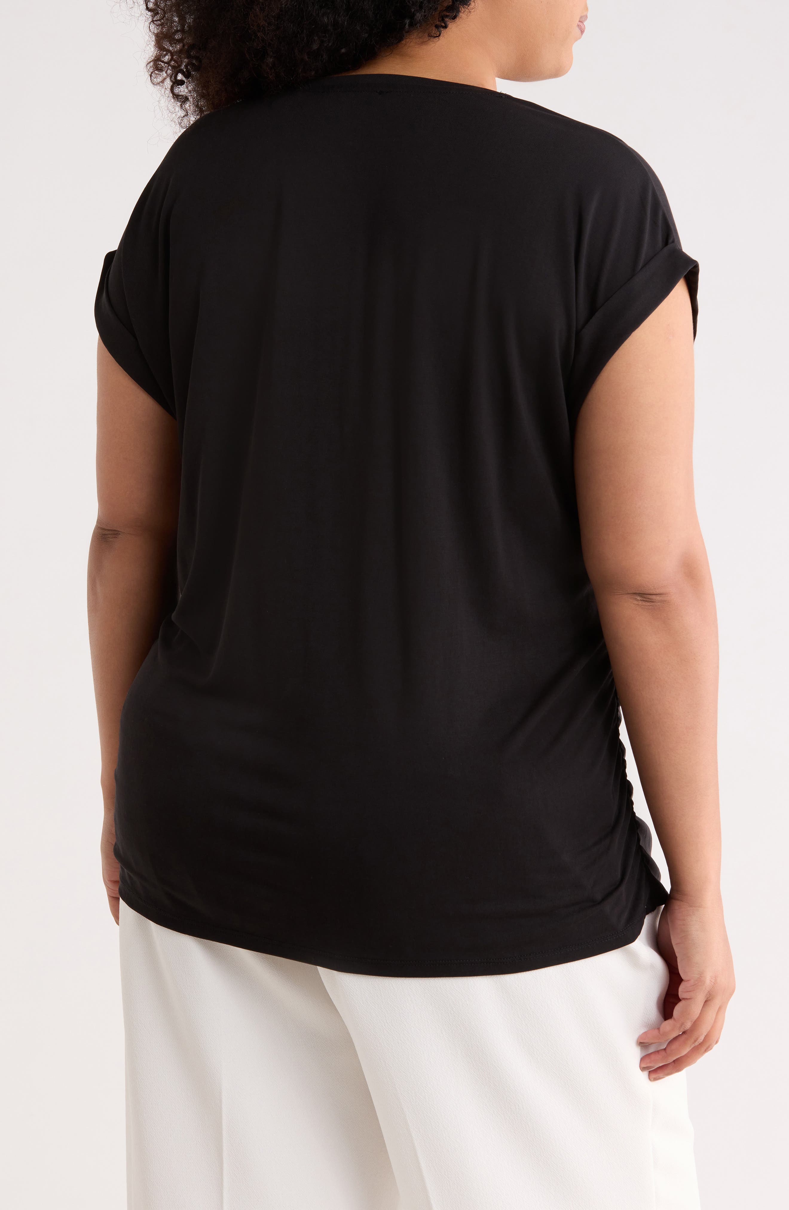 T Tahari Cuff Short Sleeve Ruched T-Shirt