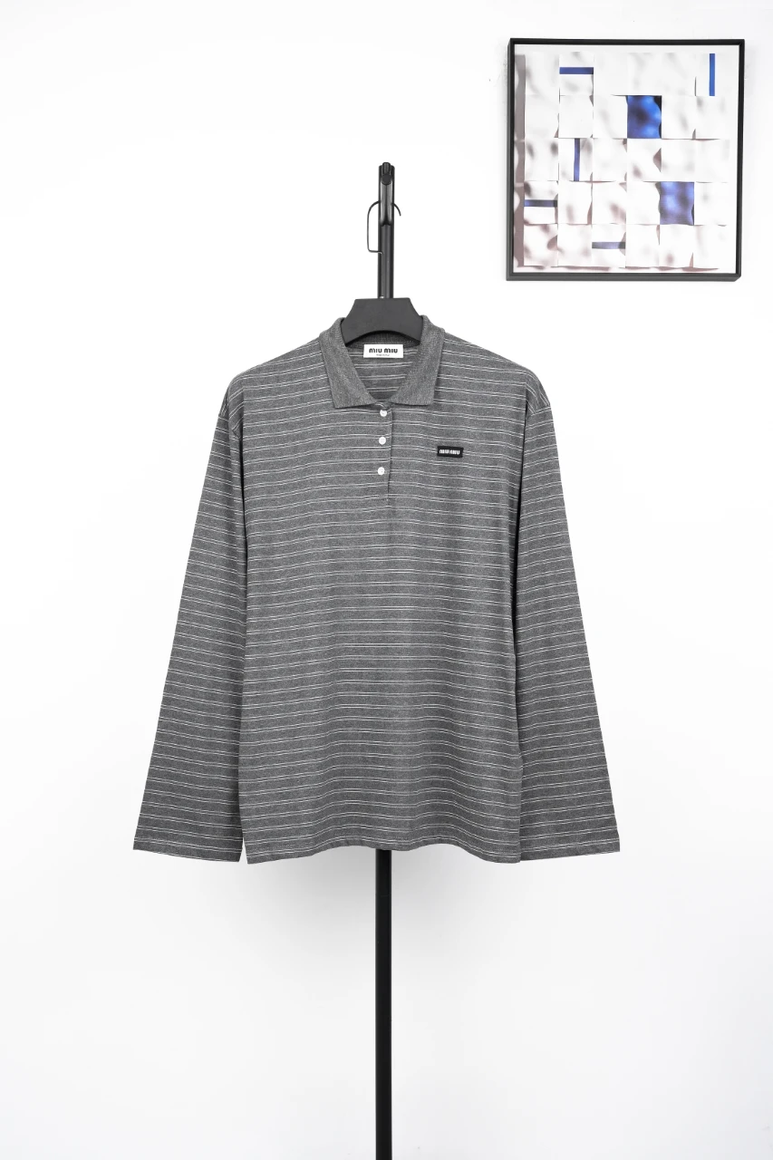 Miu Miu Grey Black Fine Stripe Long Sleeve Polo Shirt product photo from LabelPicks
