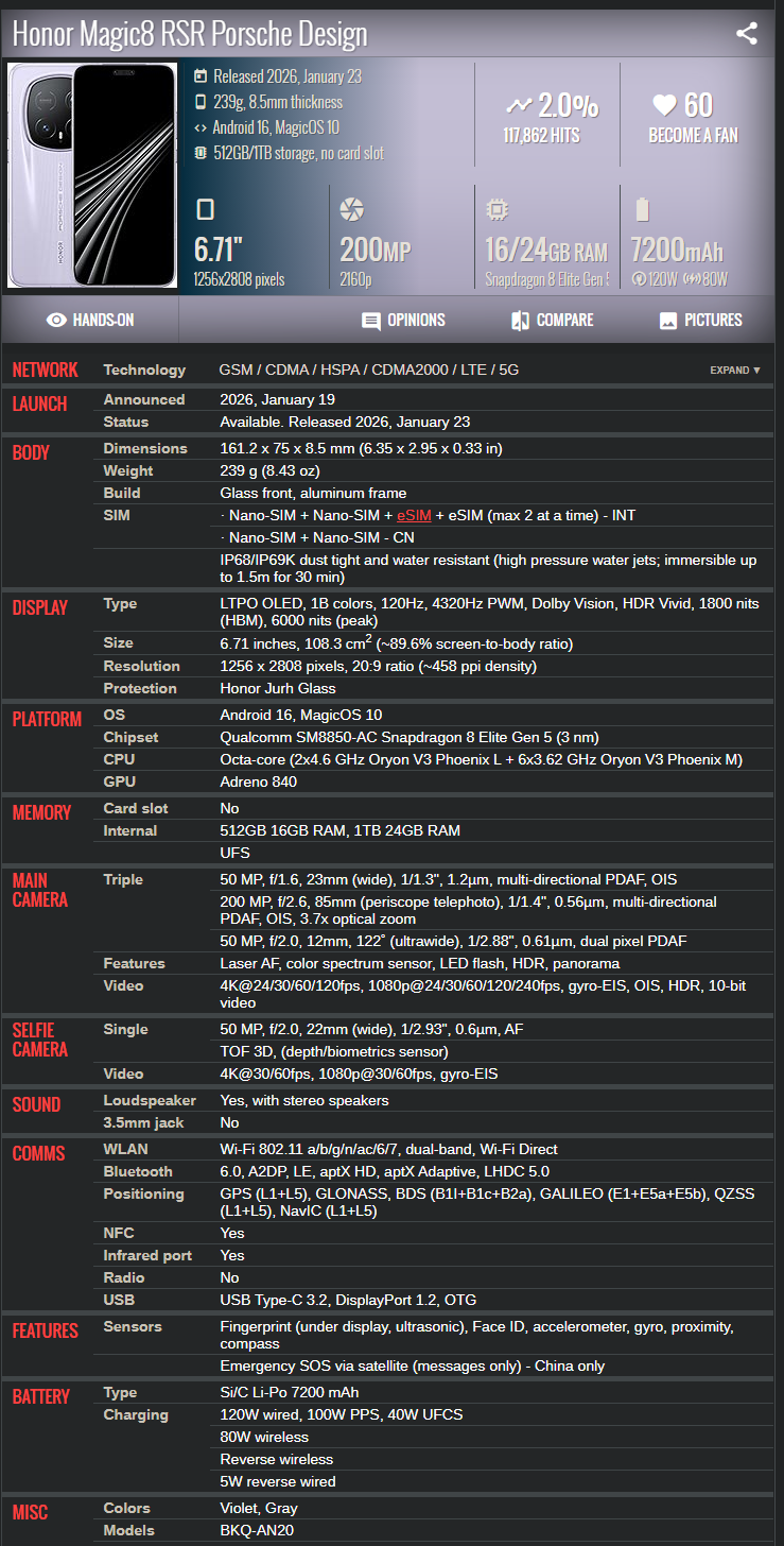 Honor Magic 8 RSR Porsche Design 24+1TB Qualcomm 8 Elite Gen 5 Mobile Phone Brand New - GreshamTech