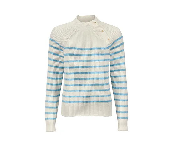Strickpullover mit Knopfdetail, cremefarben mit hellblauen Streifen