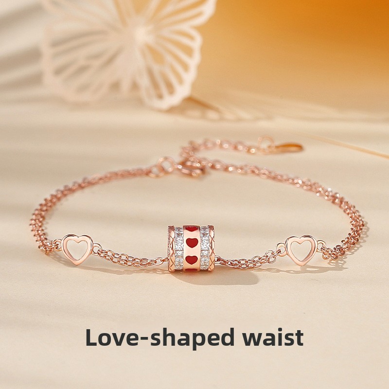 Original design, heart-shaped bracelet with a slender waist, made of sterling silver and rose gold, trendy and unique, Korean-style, perfect for girls