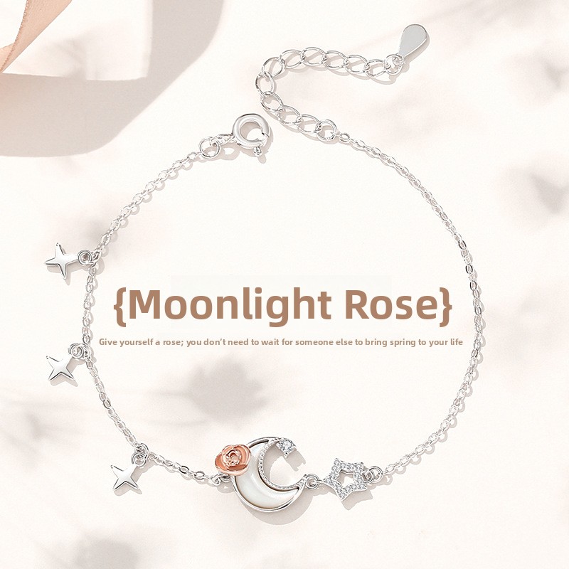 Original Moonlight Rose Bracelet for Women, Pure Silver, Fashionable and Luxurious, Star and Moon Mother-of-Pearl Bracelet, Unique and Exquisite, Perfect for Best Friends