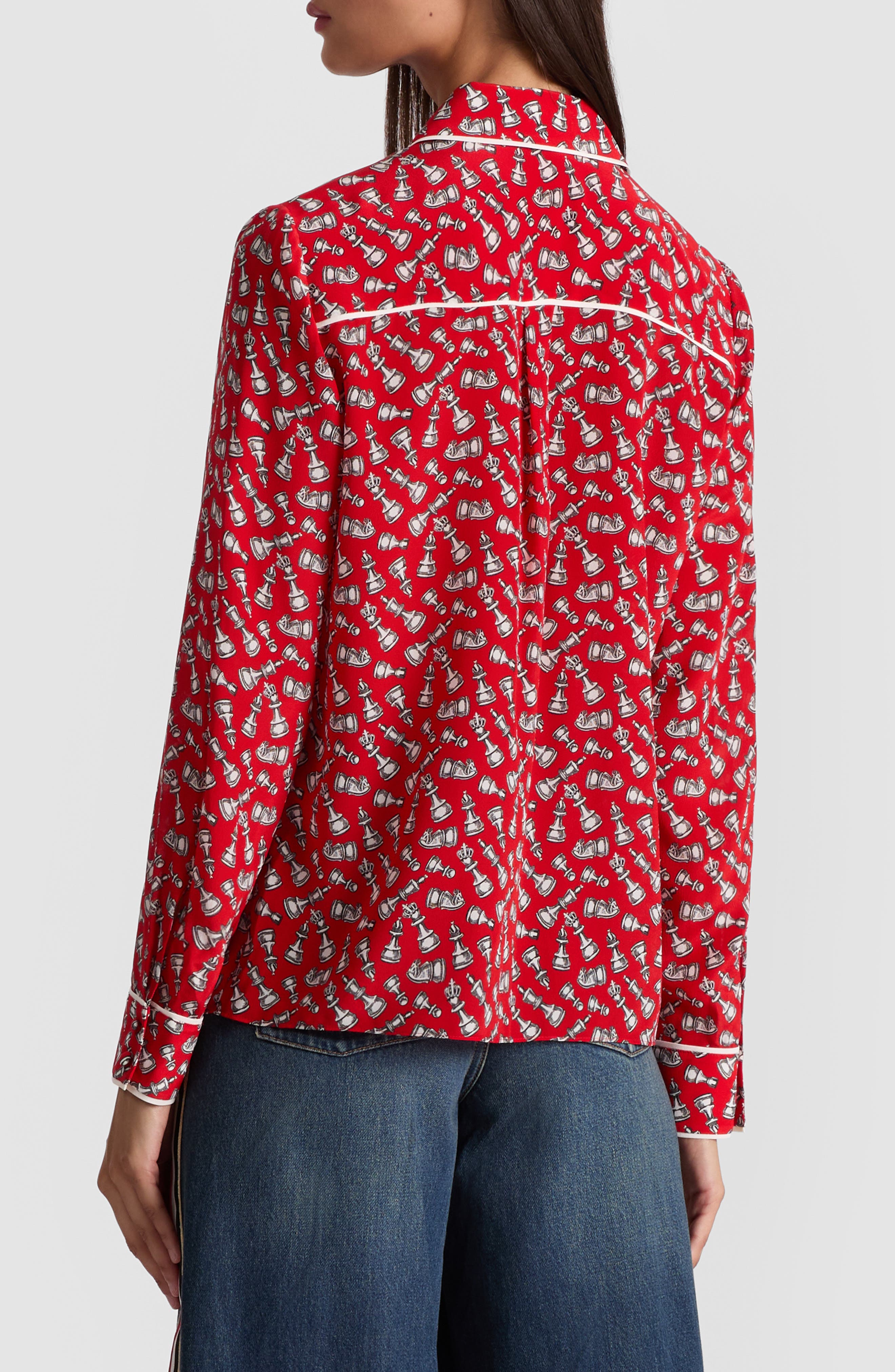 Alice + Olivia Willa Chess Piece Print Silk Button-Up Shirt