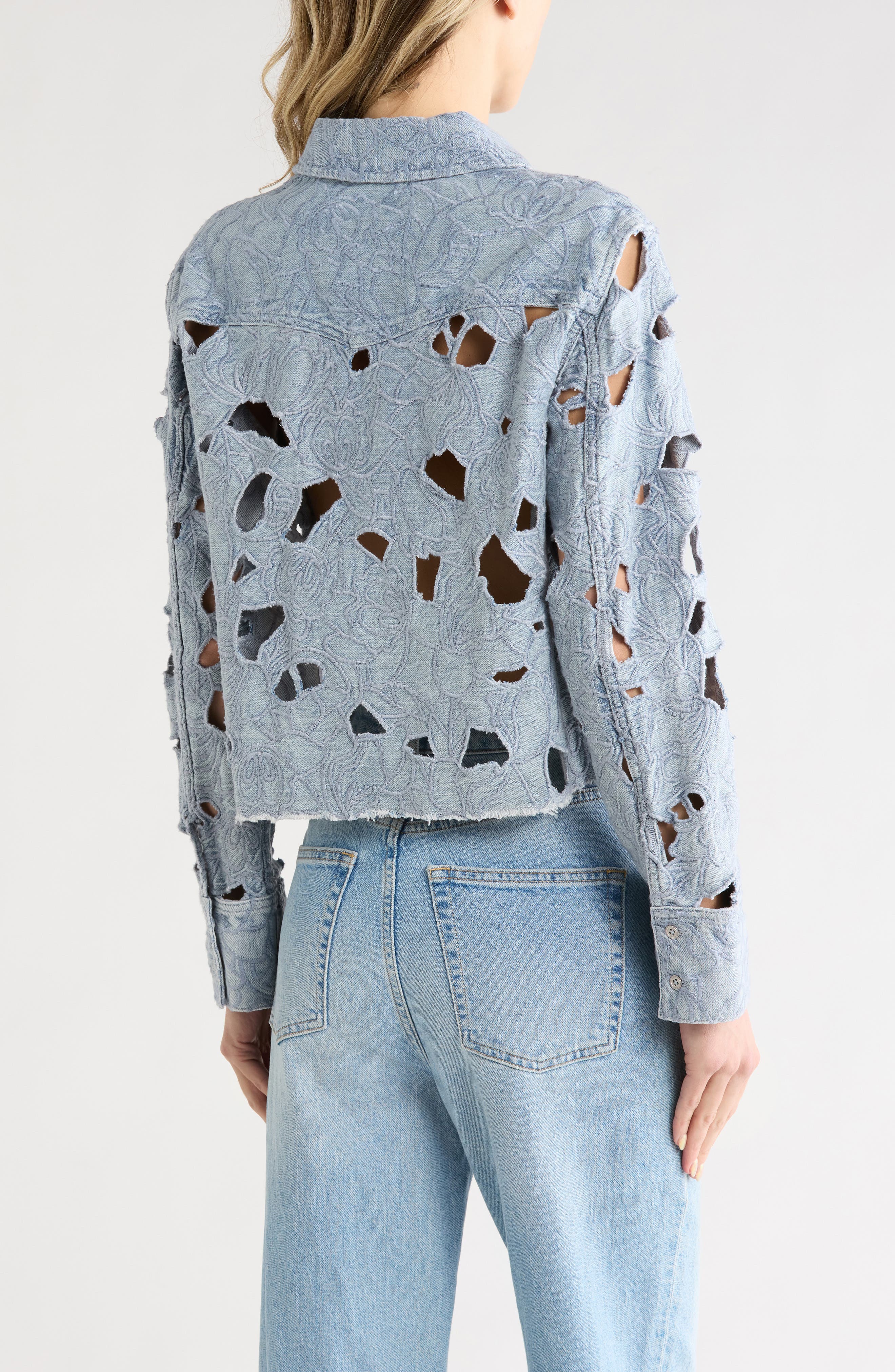 Alice + Olivia Embroidered Cutout Floral Denim Crop Shirt Jacket