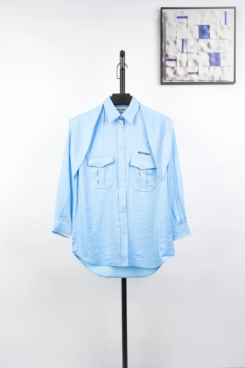 Miu Miu Light Blue Bow Poplin Long Sleeve Shirt product photo from LabelPicks