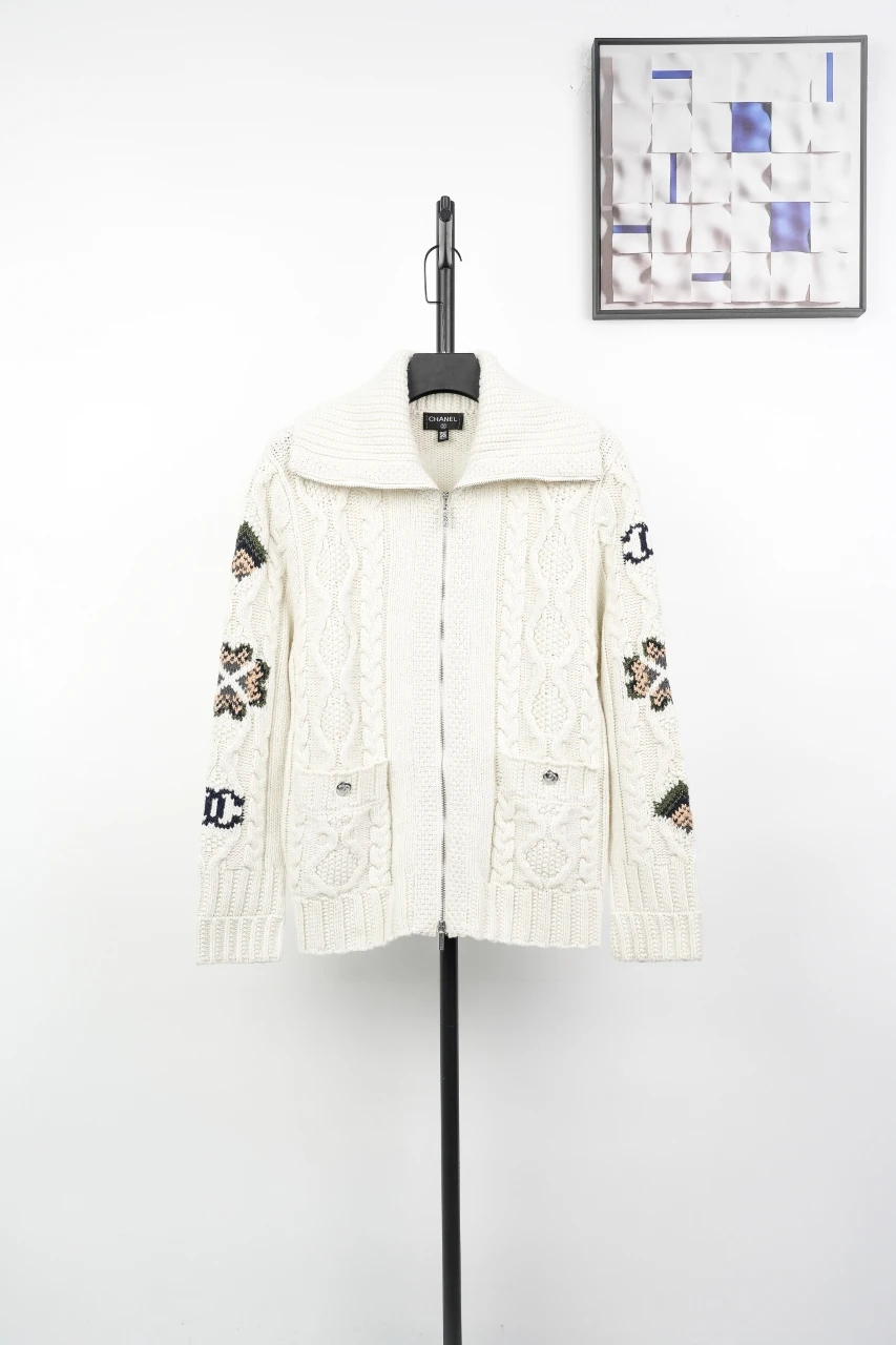 CHANEL Ivory Cable-Knit Zip Jacket product photo from LabelPicks