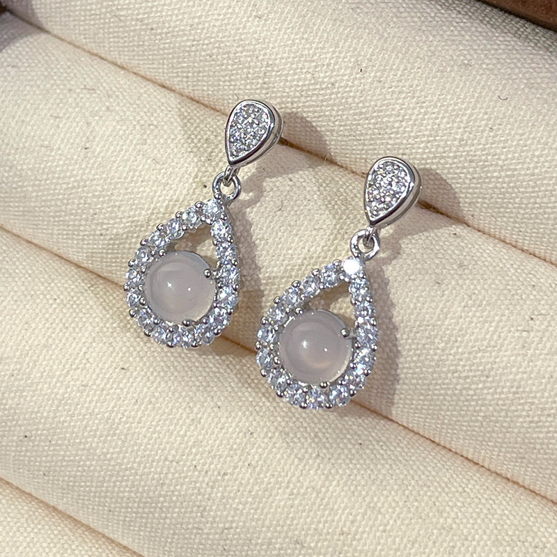 925 sterling silver, sparkling teardrop earrings, vintage Chinese-style design, exuding elegance and sophistication, white jade earrings with delicate cubic zirconia accents