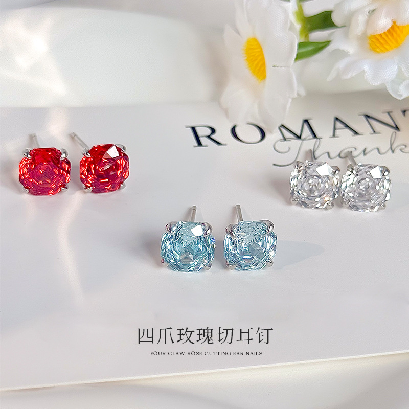 925 sterling silver millennium rose cut four-prong earrings for women, ins fashion, light luxury, colorful zircon earrings for ear piercing