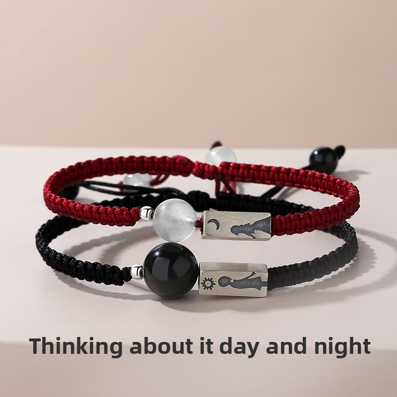 Original Sun and Moon Lover Couple Bracelet, Korean Style Minimalist Moonstone Braided Red String Bracelet for Couples