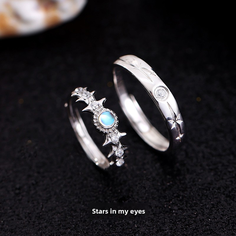 Original design, starry sky-themed couple rings, 925 sterling silver, unique design, Korean-style moonstone ring, adjustable size