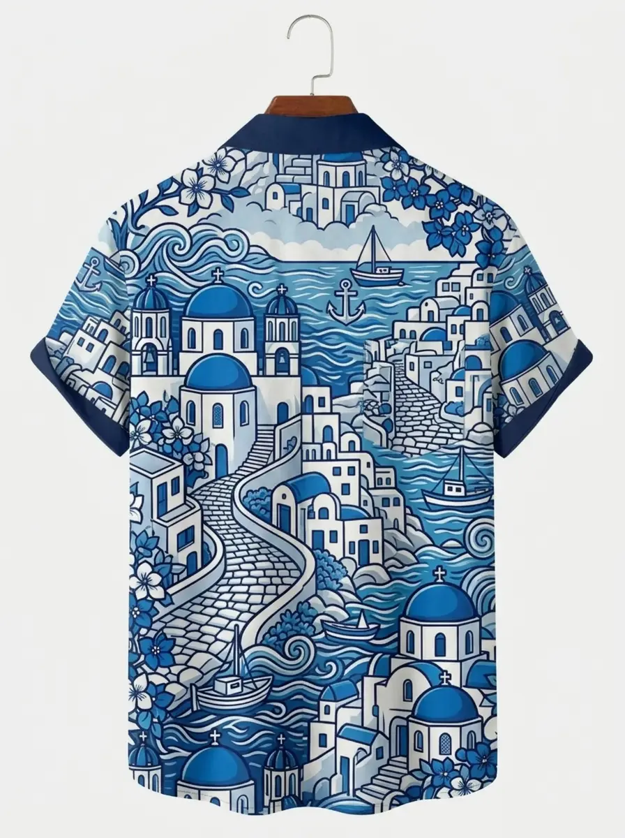 Men's printed shirts Santorini Greece Coastal Aloha Shirt