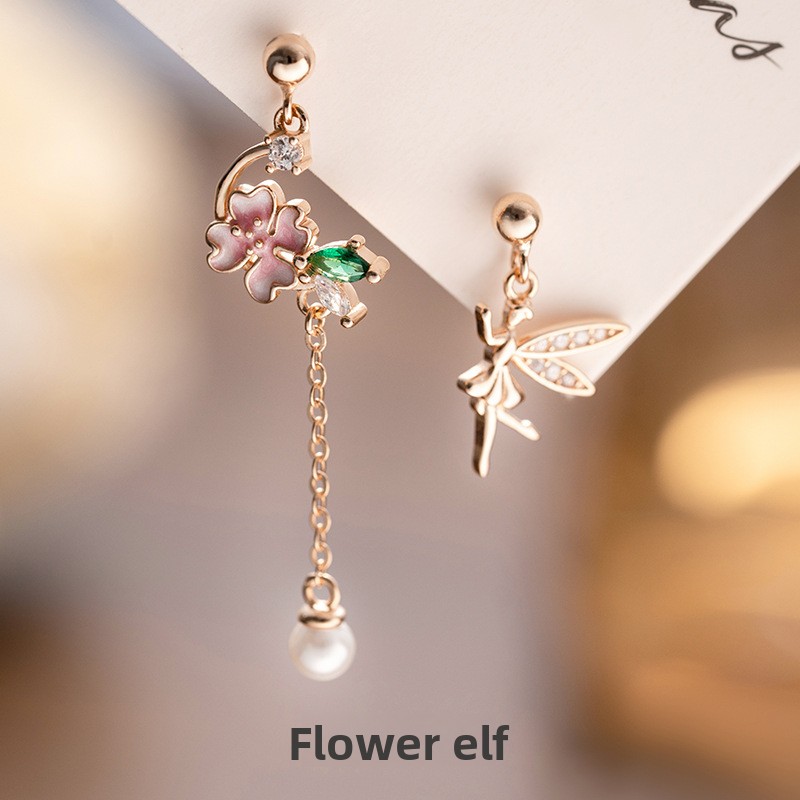 Original 925 sterling silver flower elf earrings for women, summer forest style asymmetrical tassel earrings, fresh and delicate ear accessories