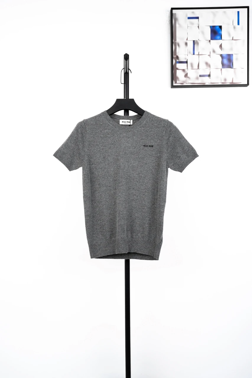 Miu Miu Grey Logo Cashmere Short Sleeve Knit Top product photo from LabelPicks