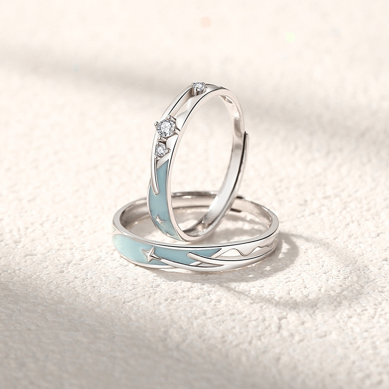Luminous 999 pure silver meteor shower couple rings, Korean-style original design, unique and trendy, star-shaped matching rings, a 520 gift