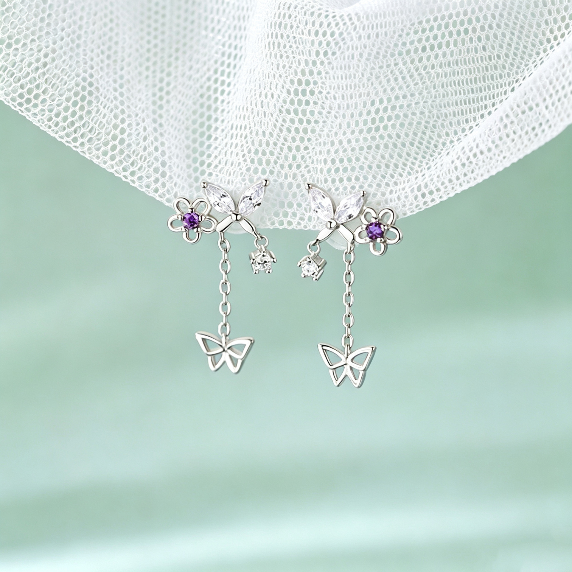 s925 sterling silver tassel butterfly earrings for women, niche design, high-end exquisite floral earrings, light luxury earrings, available for wholesale