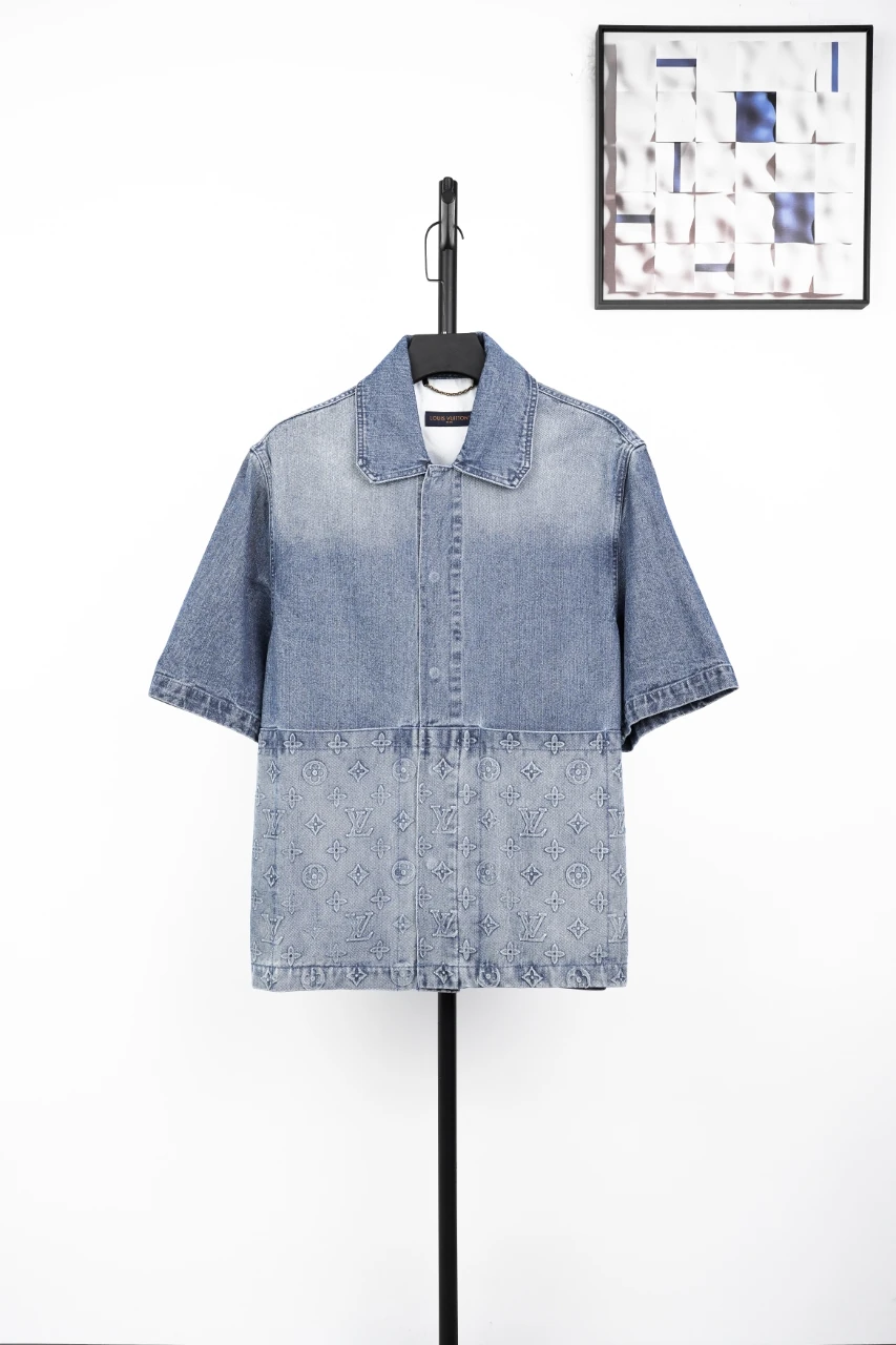 Louis Vuitton Light Blue Hem Embossed Monogram Denim Short Sleeve Shirt product photo from LabelPicks