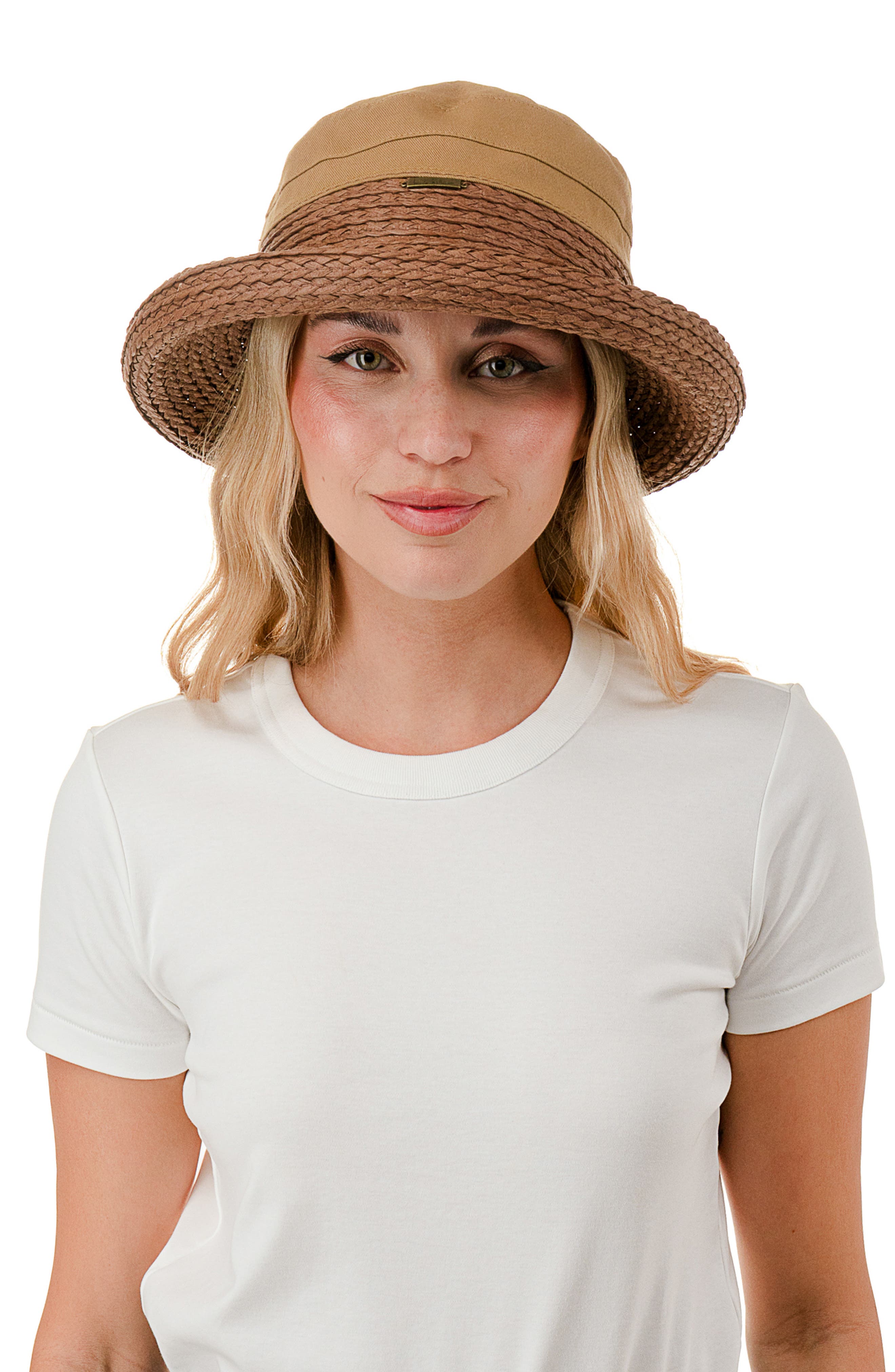 Nicole Miller Woven & Straw Rolled Bucket Hat