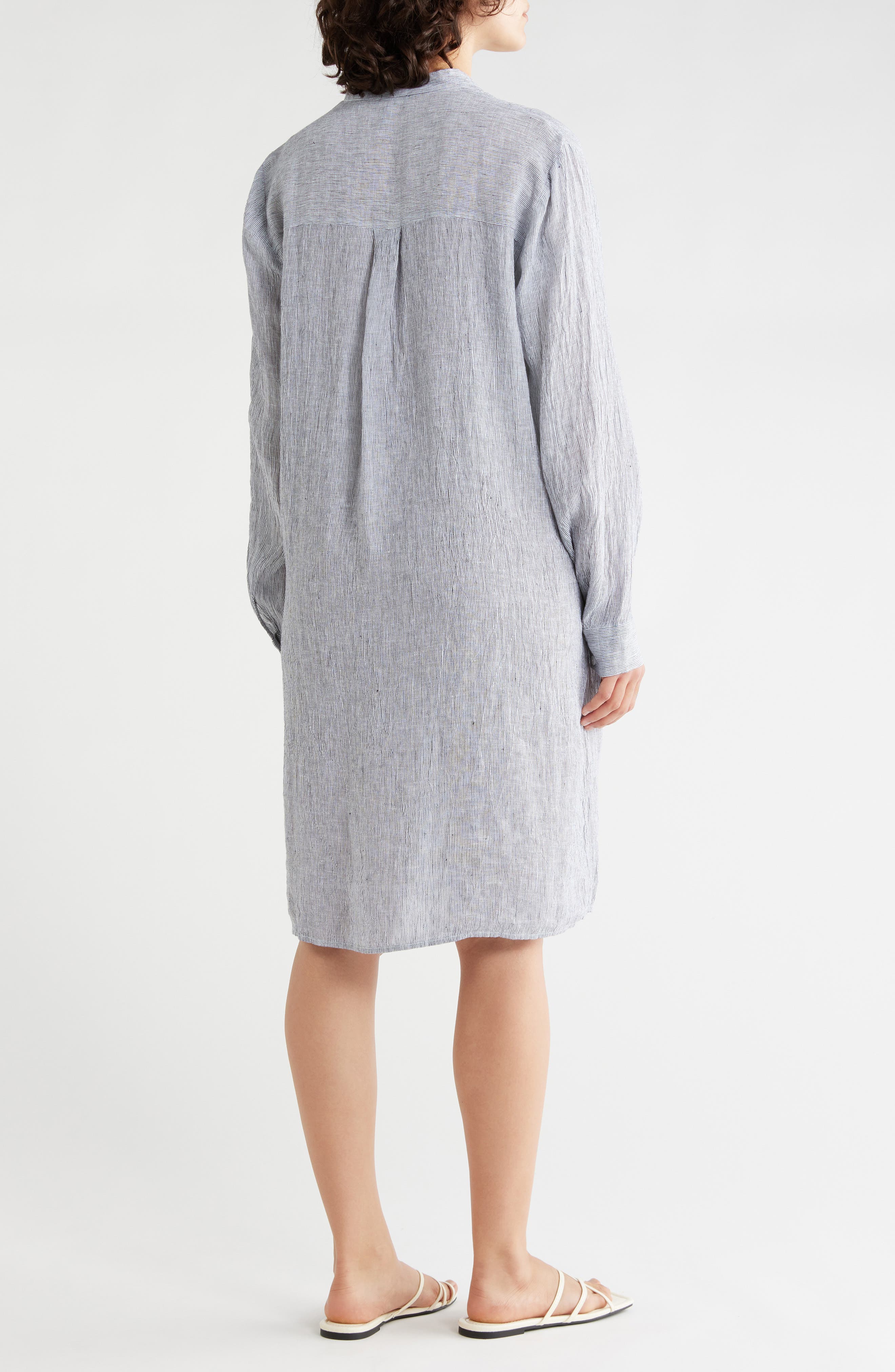Eileen Fisher Stripe Long Sleeve Organic Linen Shirtdress
