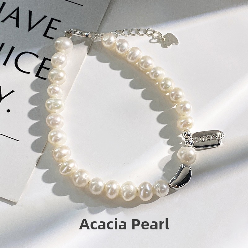 925 sterling silver lucky square pendant pearl bracelet, a minimalist and chic summer bracelet with a unique and sophisticated design, featuring small bead accents