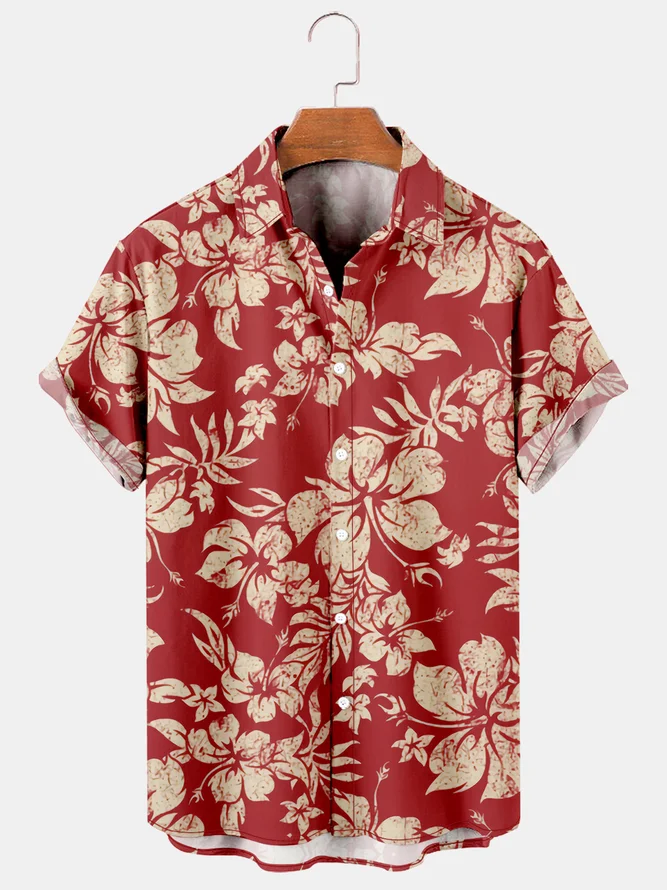 Holiday Style Hawaiian Series Plant Flower Leaf Element Lapel Short-Sleeved Shirt Print Top
