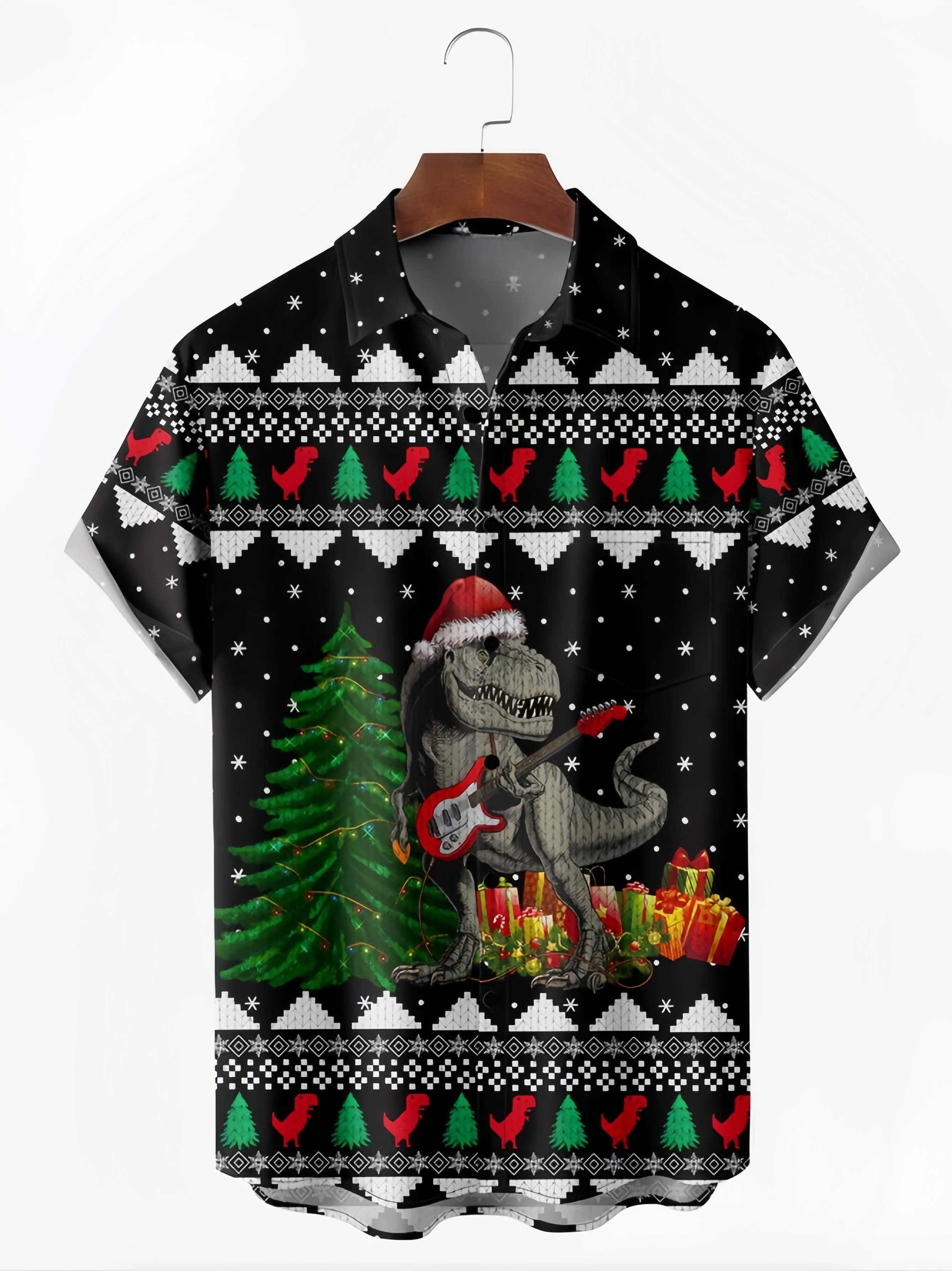 Christmas Christmas Dinosaur Ugly Chest Pocket Short Sleeve Hawaiian Shirt