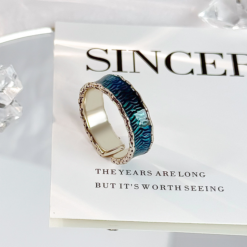 Dark style, irregular wave pattern ring, wide version, unisex, niche design, trendy, hip-hop style, resin ring, sterling silver