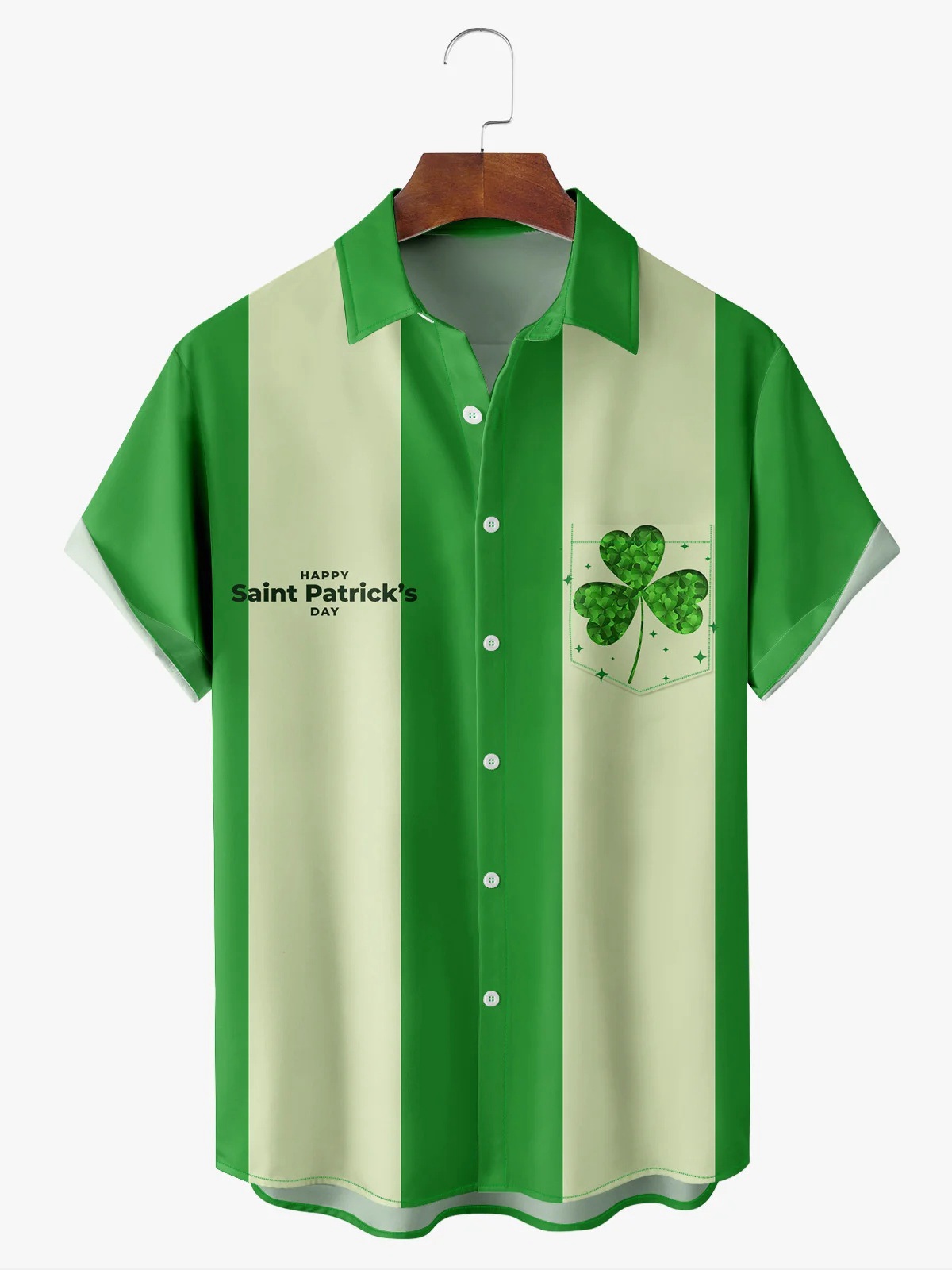 St. Patrick's Day Shamrock Chest Pocket Short Sleeve Bowling Shirt