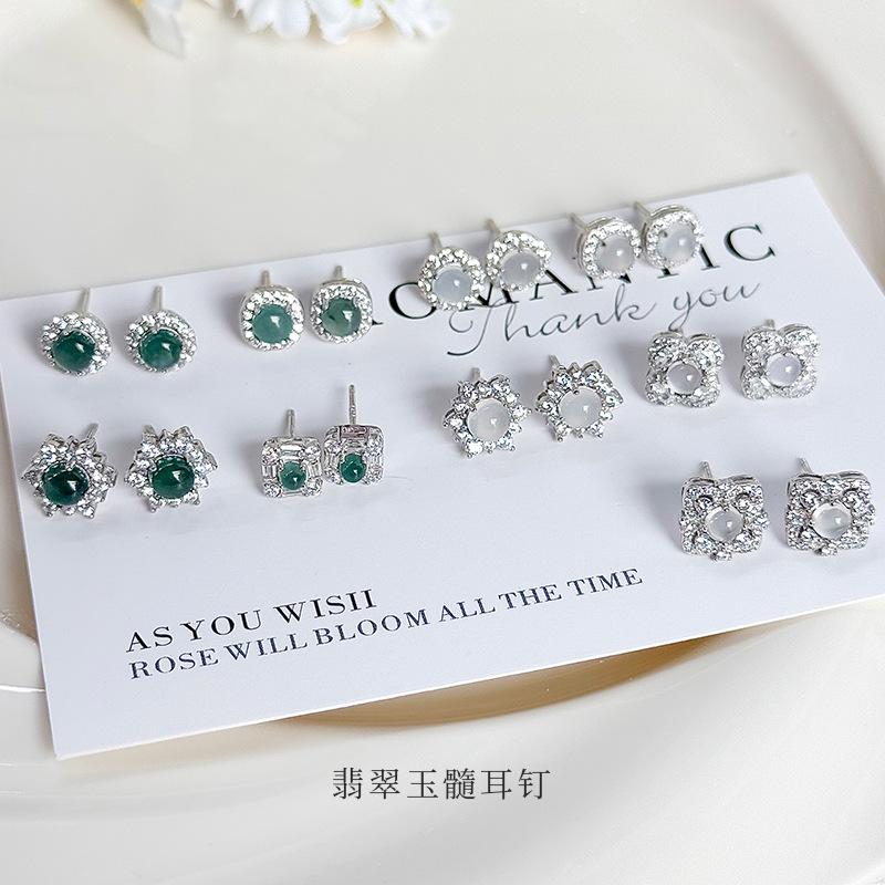 925 sterling silver round stud earrings, featuring a new Chinese style with a cool and elegant aesthetic, inspired by the Instagram trend, and adorned with jade and chalcedony, creating a gentle and refined look