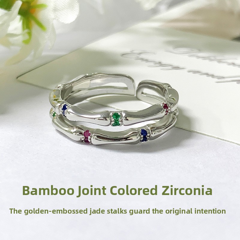 Bamboo-patterned cubic zirconia ring in dopamine colors, made of 925 sterling silver, trendy and stylish, featuring a unique design with a high-end feel, adjustable open ring, new summer collection