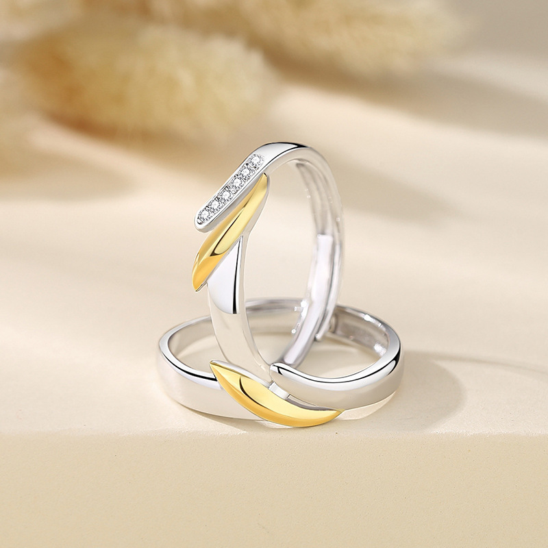 Original design, gold-colored couple rings, 925 sterling silver, a pair of unique wheat-ear rings, perfect as a Valentine's Day gift