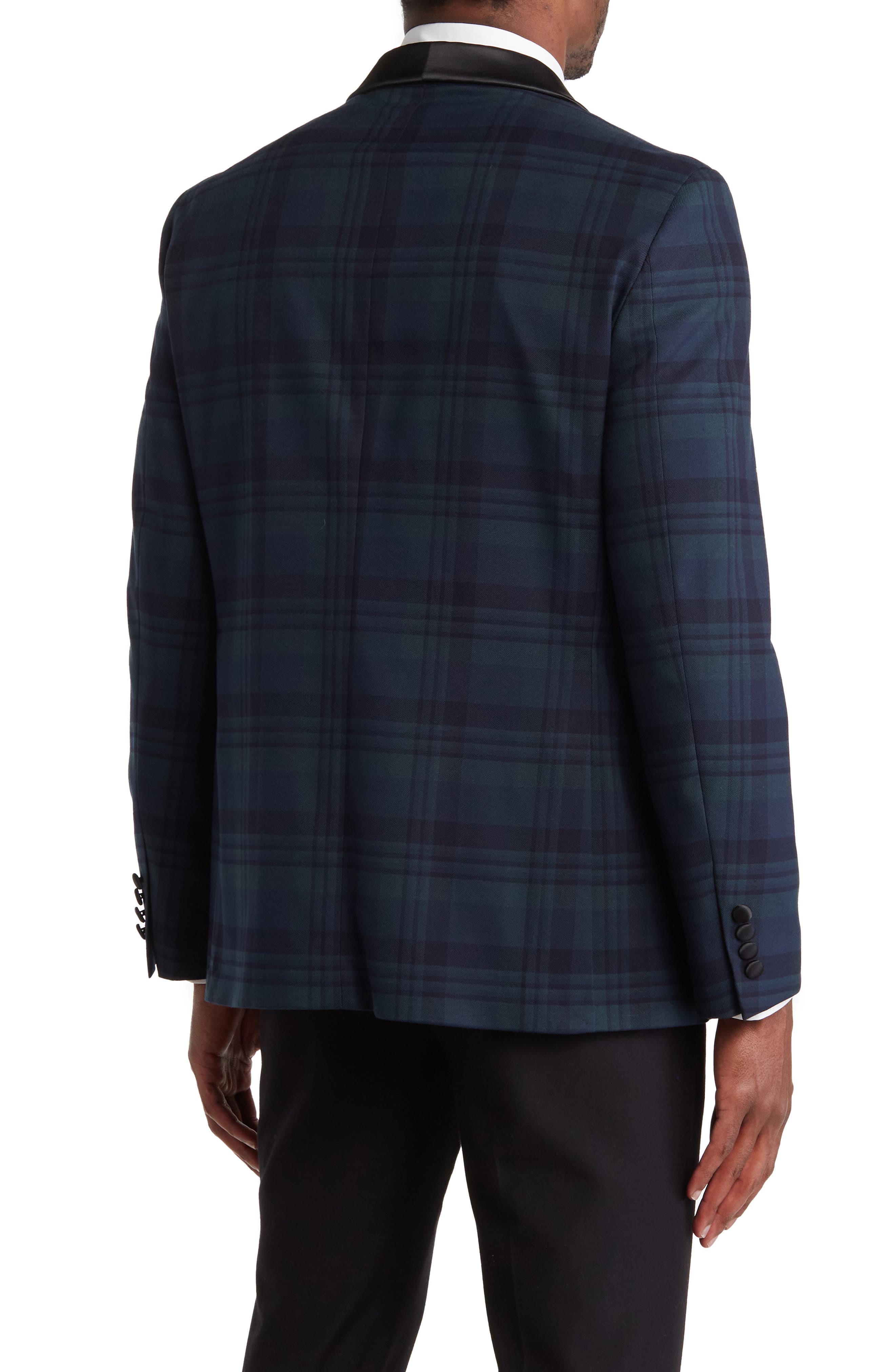 SAVILE ROW CO Blackwatch Plaid Satin Shawl Collar Jacket