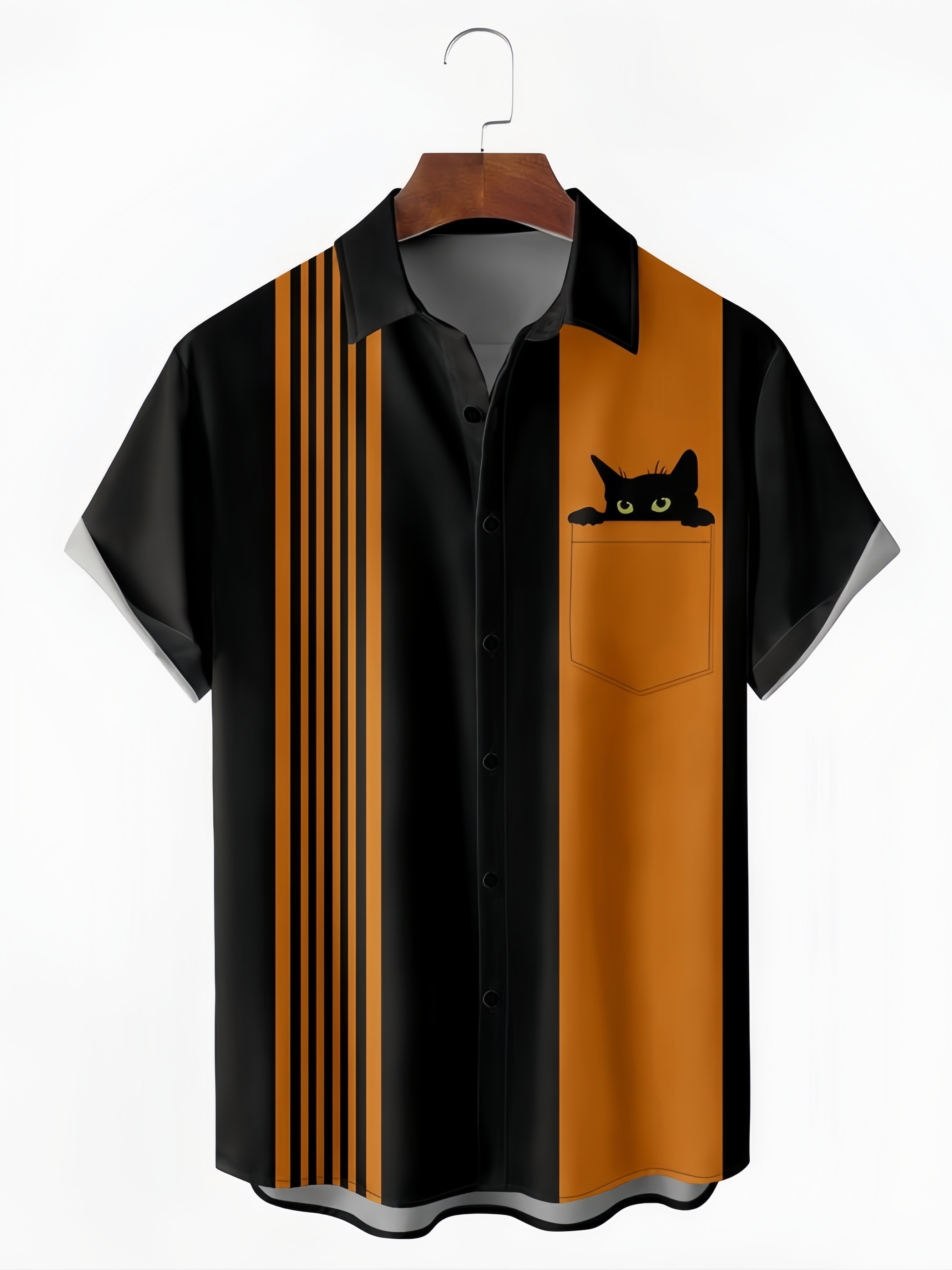 Halloween Cat Chest Pocket Short Sleeve Bowling Shirt