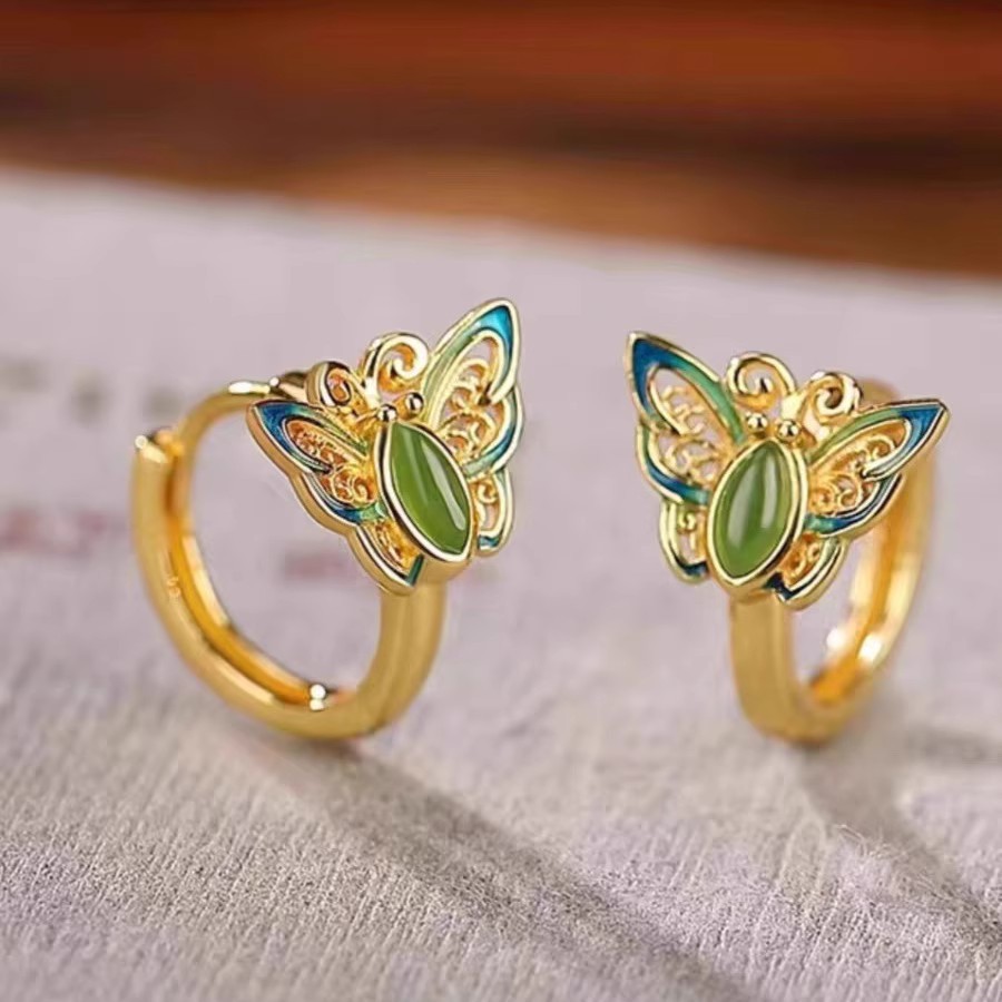 S925 sterling silver filigree green butterfly earrings, simple summer earrings, Chinese-style retro court-style earrings