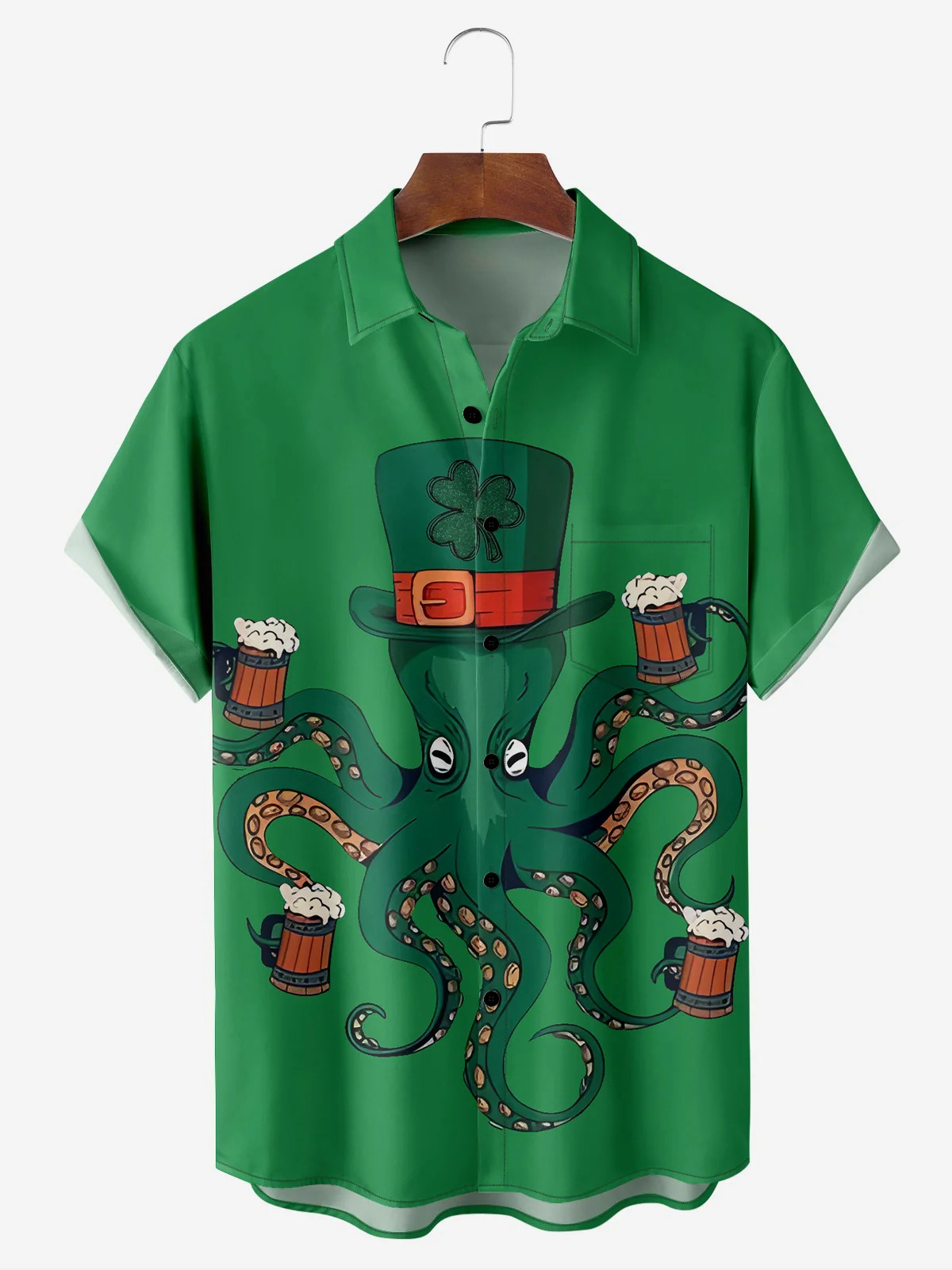 St. Patrick's Day Octopus Chest Pocket Short Sleeve Casual Shirt