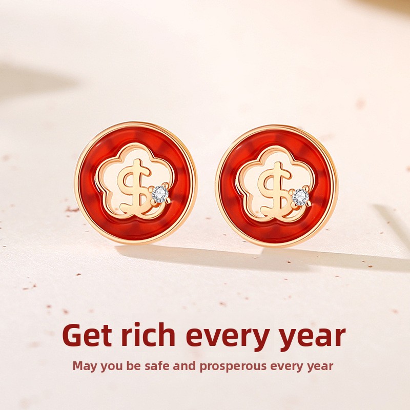Original design, guaranteed to bring wealth every year: red agate earrings for women, made of 925 sterling silver, featuring a new Chinese-style rose gold floral and geometric design, perfect for the New Year