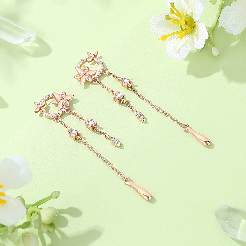 Original wind chime flower earrings for women, sterling silver, forest-style floral tassel ear threads, rose gold, ins-style, small and delicate earrings