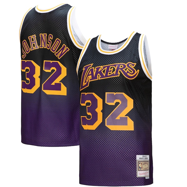 Magic Johnson Los Angeles Lakers 1984/85 Hardwood Classics Fadeaway Swingman Player Jersey - Purple/Black/Gold