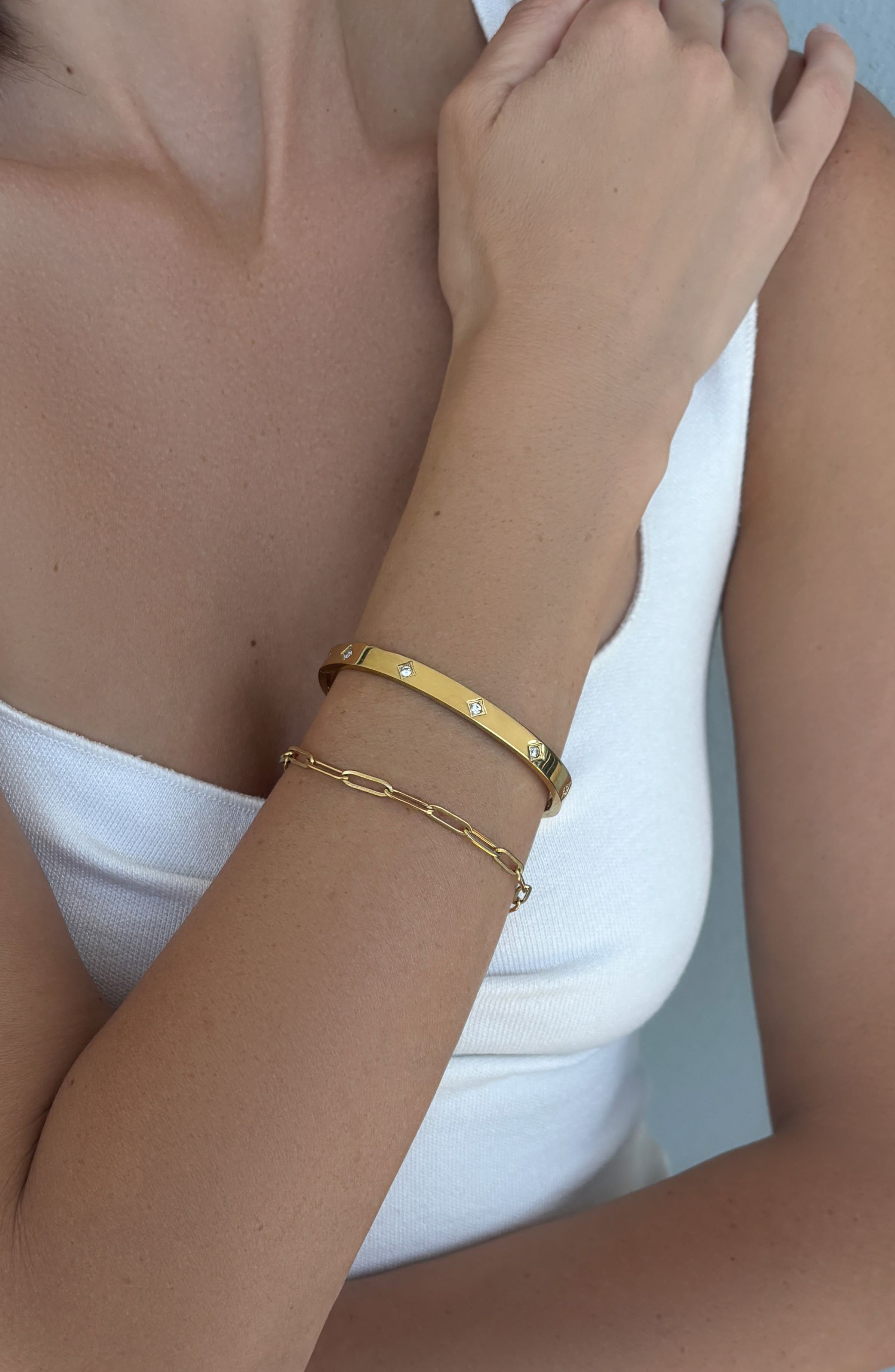 Adornia Set of 2 Tarnish Resistant 18K Gold Plated Chain & Cubic Zirconia Bangle Bracelets