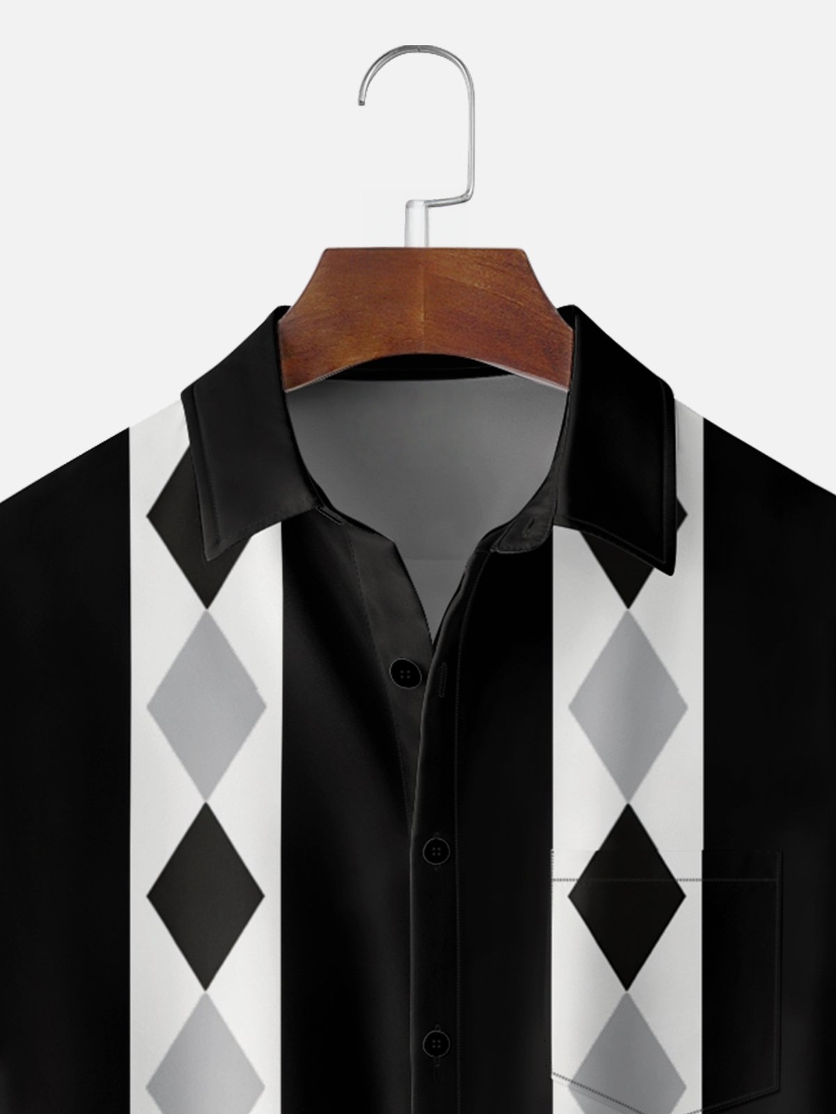 Moisture-Wicking Geometric Color-Block Bowling Shirt with Chest Pocket