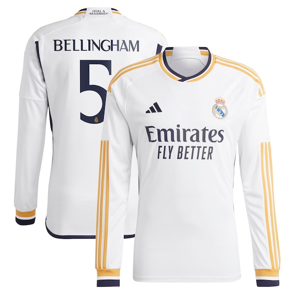 Jude Bellingham Los Merengues adidas 2023/24 Home Replica Long Sleeve Jersey - White/Navy