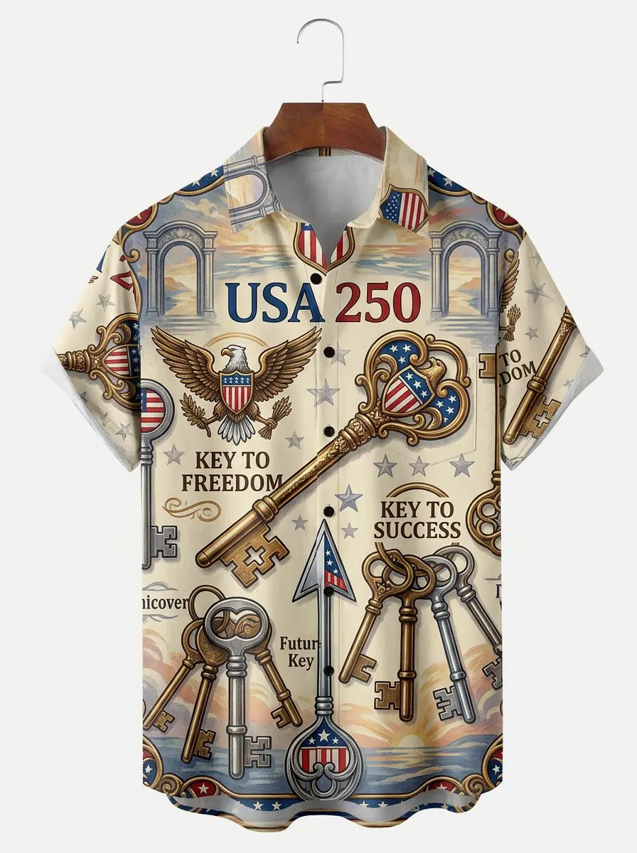 Men's printed shirts, USA 250 Key to Freedom Eagle Aloha Shirt