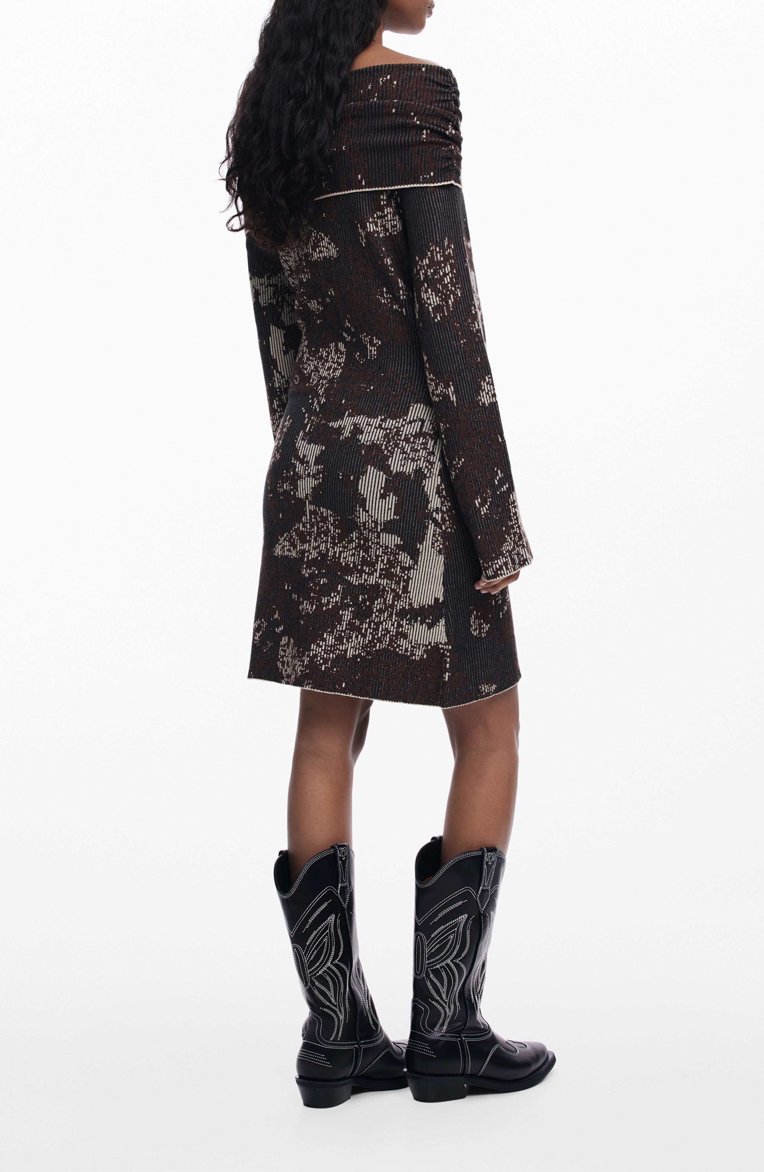 Desigual Off the Shoulder Long Sleeve Rib Dress
